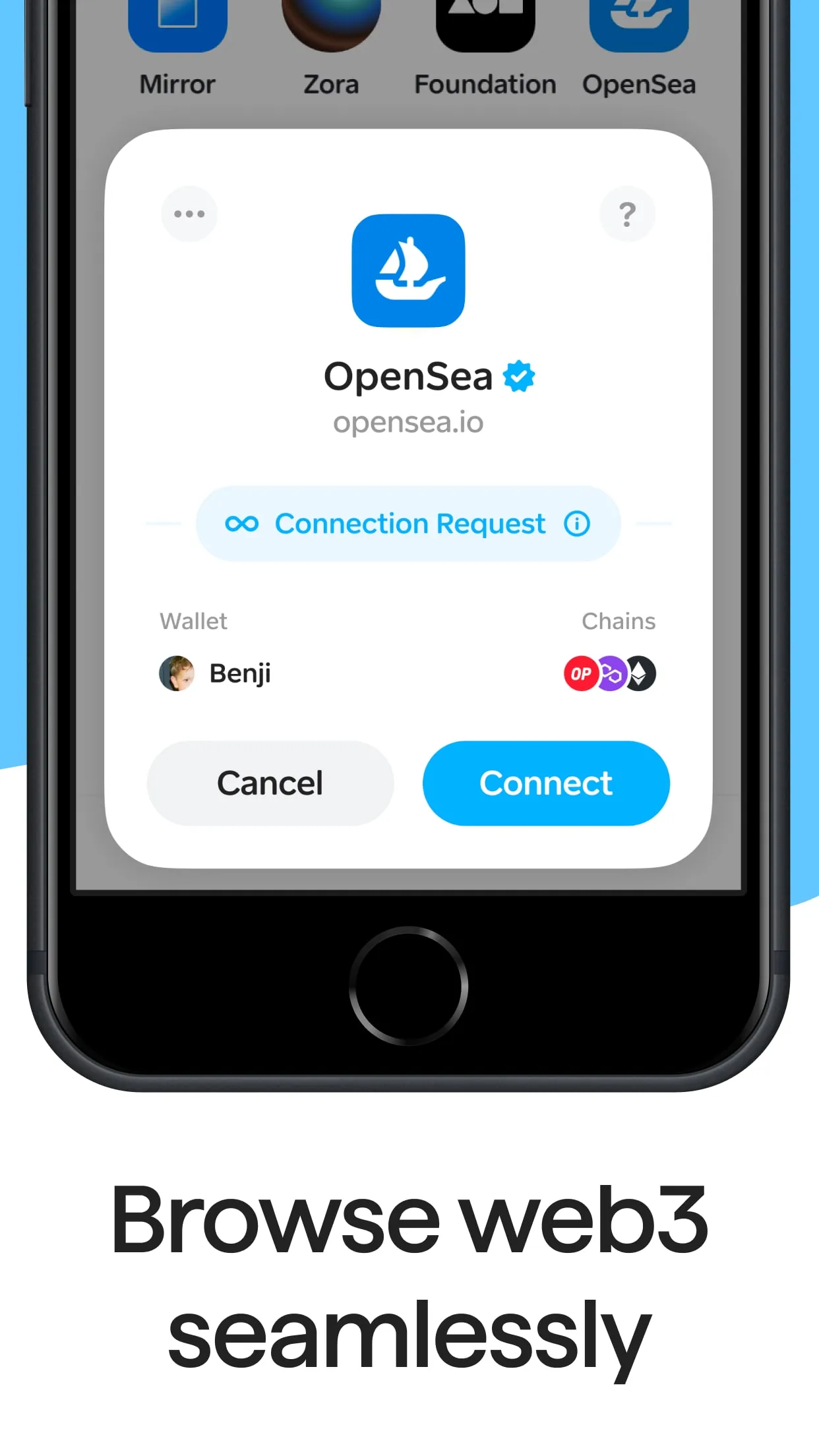 Family’s App Store screenshot: a white card with an OpenSea connection request, Cancel and Connect buttons, floating over a dimmed screen.