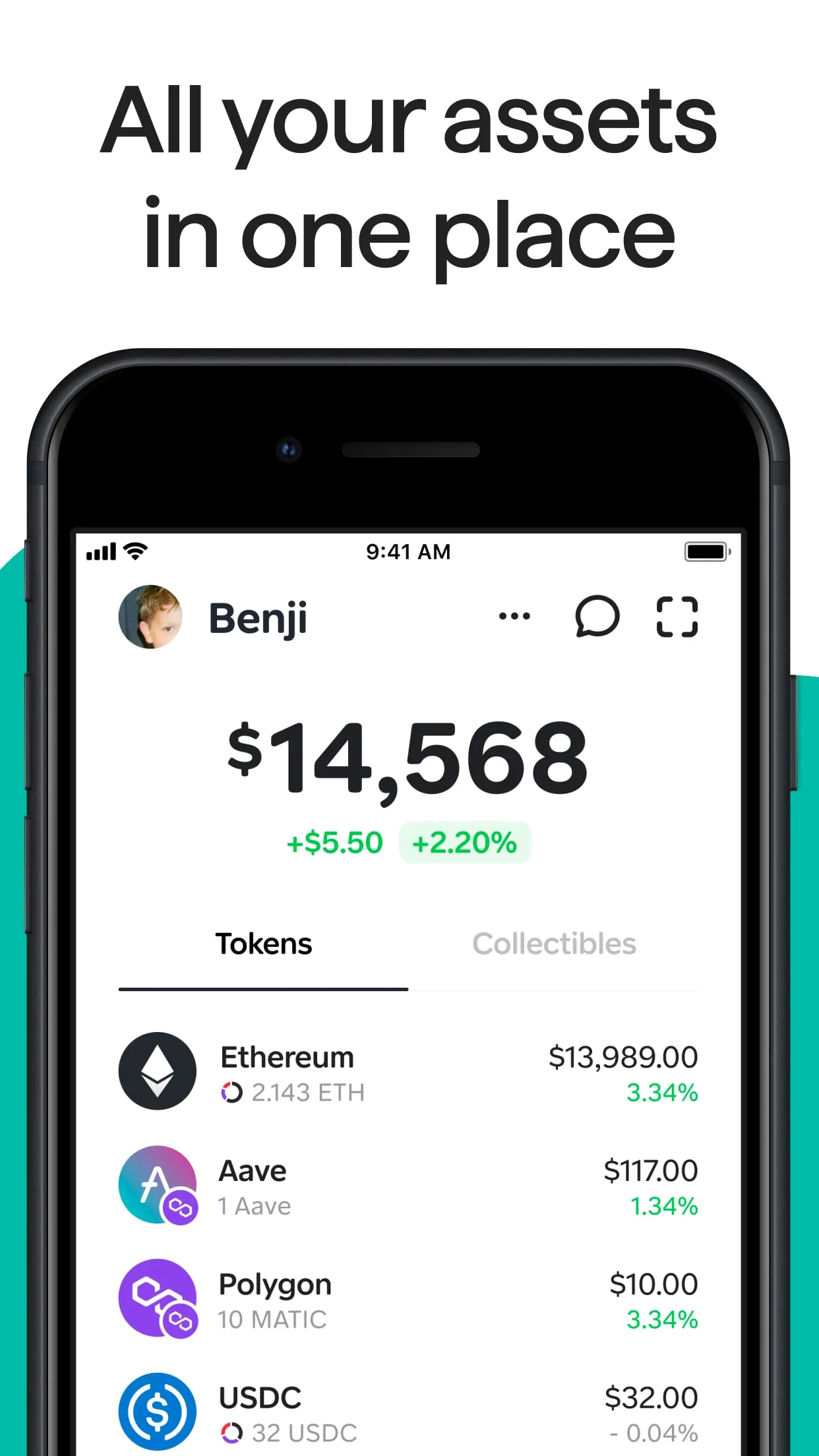 Family’s App Store screenshot: the home screen with the name Benji, a $14,568 balance, Tokens and Collectibles tabs, and a list of tokens with round logos and amounts on the right.
