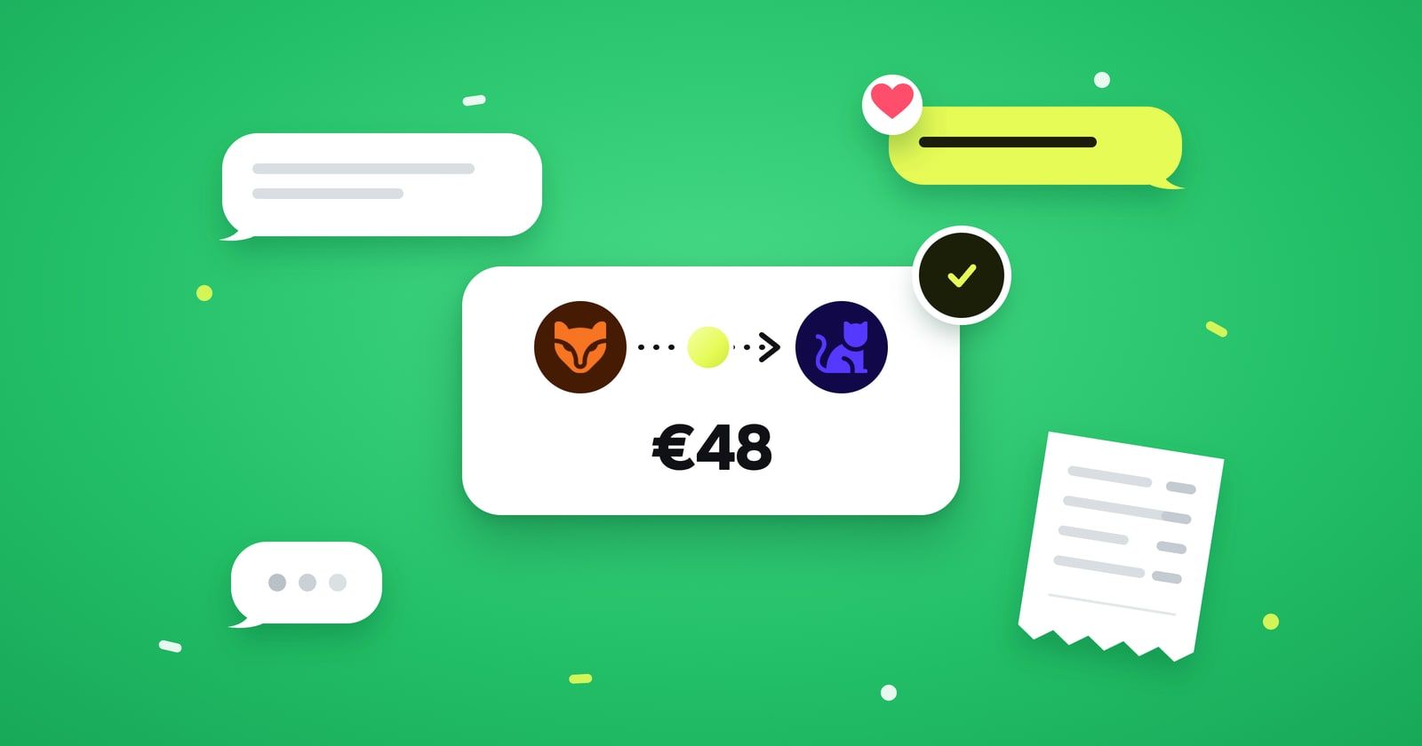 A payment card showing Marek paying Anna back €48, with a check mark. Around it are chat bubbles, a heart and a receipt.